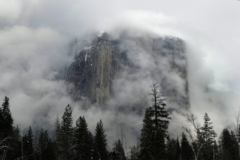 February fog covers the El Capitan landmark in Yosemite National Park, Calif.