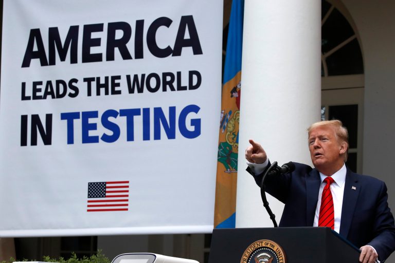 President Donald Trump speaks about the coronavirus during a press briefing in the Rose Garden of the White House, Monday, May 11, 2020.