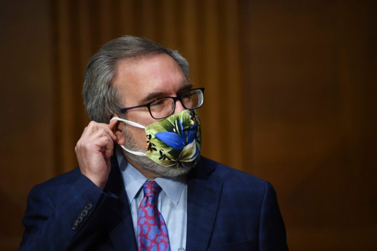 Andrew Wheeler, administrator of the Environmental Protection Agency, adjusts his mask at a hearing during a Senate hearing in May.