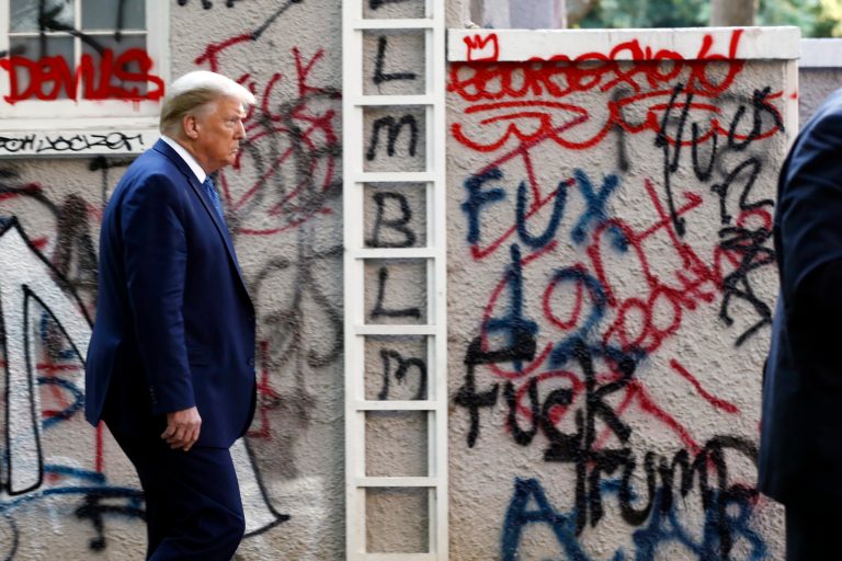 President Trump walked by damaged facilities in Lafayette Park to visit St. John's Church on Monday.