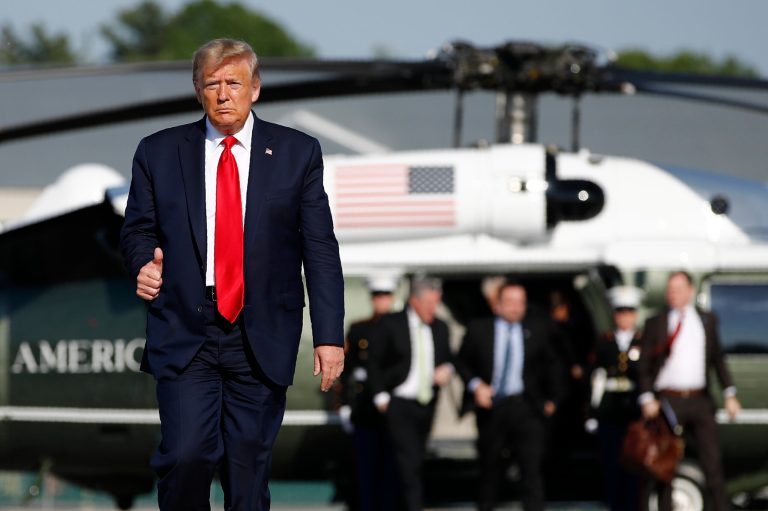 President Donald Trump boards Air Force One at Bangor International Airport in Bangor, Maine, Friday, June 5, 2020, en route to Andrews Air Force Base, Md., after attending a roundtable discussion with commercial fishermen and touring a medical swab manufacturing facility.