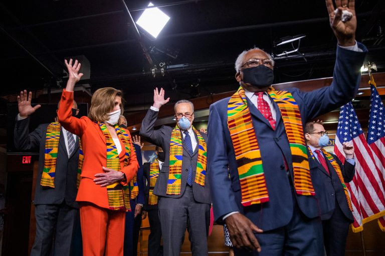 House Speaker Nancy Pelosi of Calif., Senate Minority Leader Chuck Schumer, D-N.Y., House Majority Whip James Clyburn of S.C., and Rep. Jerrold Nadler, D-N.Y. and top Congressional Democrats raise their hands during a news conference to unveil policing reform and equal justice legislation on Capitol Hill, Monday, June 8, 2020.