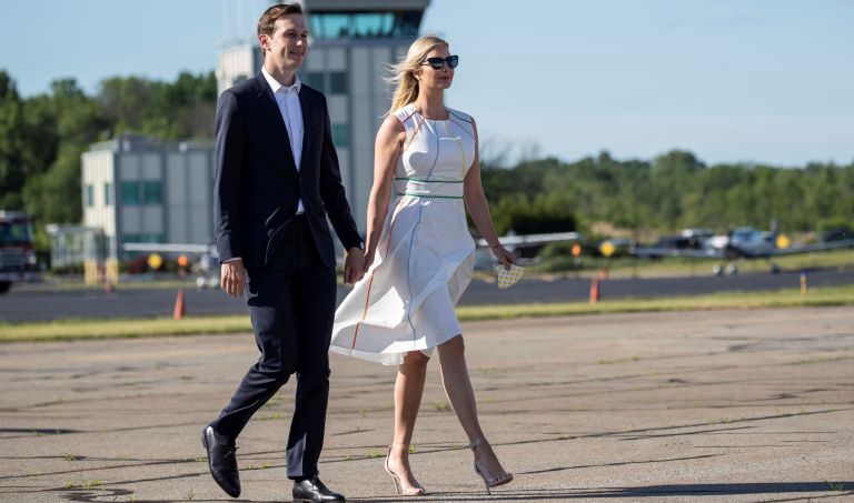 White House senior adviser Jared Kushner and his wife Ivanka Trump, the daughter and assistant to President Donald Trump, walk across the tarmac to board Air Force One at Morristown Municipal Airport, Sunday, June 14, 2020, in Morristown, N.J. President Donald Trump is returning to Washington.
