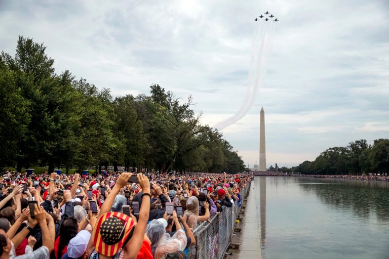 In this July 4, 2019, file photo, the Washington Monument is visible as the U.S. Navy Blue Angels flyover at the conclusion of President Donald Trump's Independence Day celebration in front of the Lincoln Memorial in Washington. 
