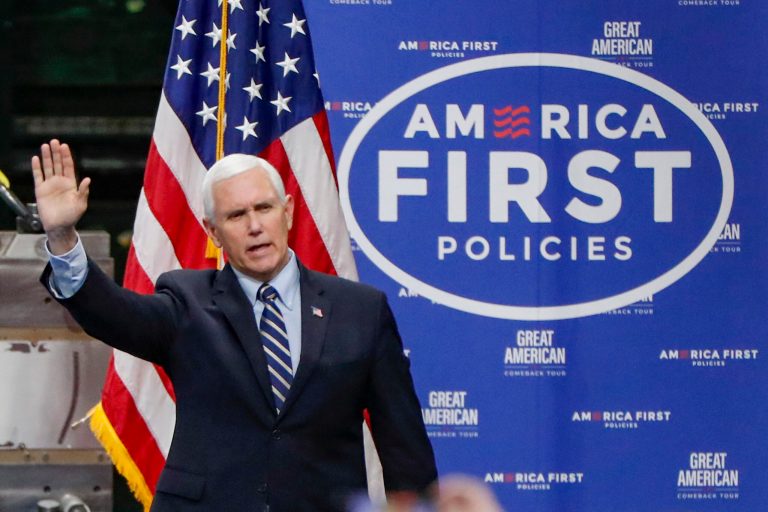 Vice President Mike Pence, waves as he arrives to speak after a tour at Oberg Industries plant in Sarver, Pa. in June. He is administration's proponent of "the Great American Comeback."