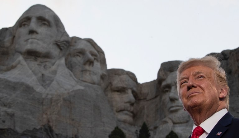 President Donald Trump stands at Mount Rushmore National Memorial, Friday.