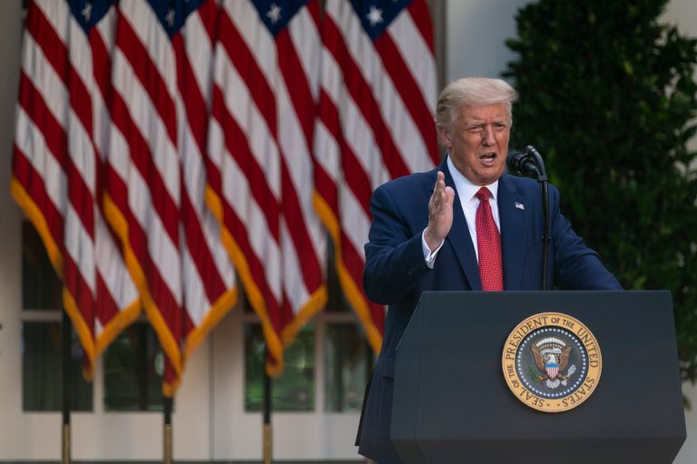 President Donald Trump speaks during a news conference in the Rose Garden of the White House, Tuesday. A new Rasmussen Reports survey said he has bounced back from a 10-point deficit to challenger Joe Biden.