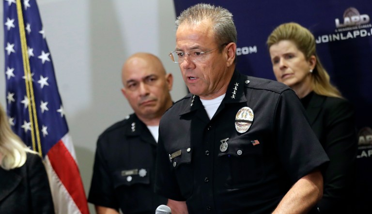 Los Angeles Police Department Chief Michel Moore talks during a 2019 news conference at LAPD headquarters in Los Angeles.