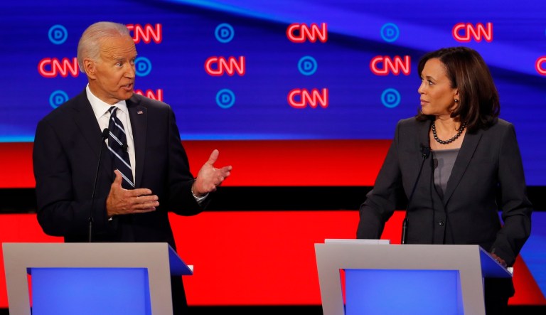 In this July 31, 2019, file photo, then-Democratic presidential candidate Sen. Kamala Harris, D-Calif., listens as Democratic presidential candidate former Vice President Joe Biden speaks during a Democratic presidential primary debate.