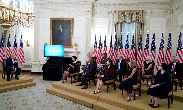 President Donald Trump speaks at an event called "Kids First: Getting America's Children Safely Back to School" in the State Dining room of the White House.