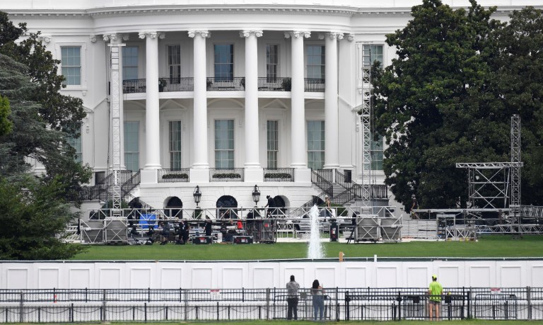 Workers construct staging on the South Lawn of the White House in Washington. President Donald Trump is expected to speak to the Republican National Committee convention next week from the South Lawn of the White House.