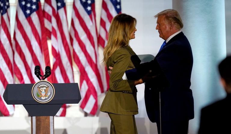 President Donald Trump joins first lady Melania Trump on stage after her speech to the 2020 Republican National Convention from the Rose Garden of the White House.