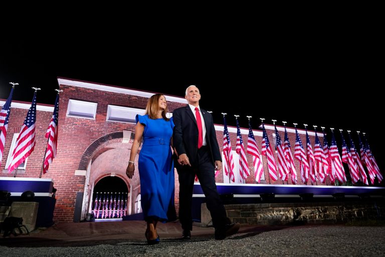 Second lady Karen Pence accompanies Vice President Mike Pence as he arrives to speak on the third day of the Republican National Convention at Fort McHenry National Monument and Historic Shrine in Baltimore, Wednesday, Aug. 26, 2020.