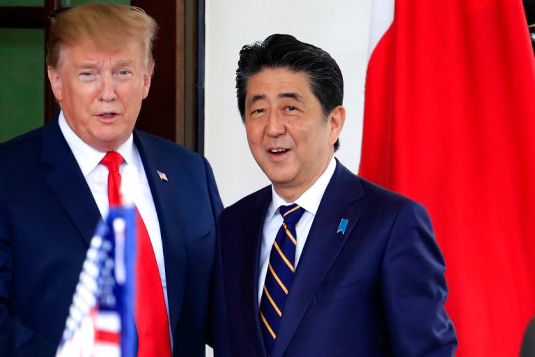 In this April 26, 2019, photo, Japanese Prime Minister Shinzo Abe, right, is welcomed by U.S. President Donald Trump to the White House in Washington. Japanâs NHK and other media say on Aug. 28, 2020, that Abe has expressed his intention to step down, citing his health. 