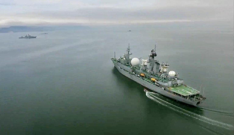 In this undated video grab provided by Russian Defense Ministry Press Service, Russian warships take part in manoeuvres in the Bering Sea. The Russian navy has conducted massive war games near Alaska involving dozens of ships and aircraft, the biggest such drills in the area since Soviet times.