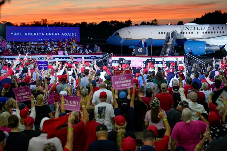 President Donald Trump addresses a crowd at a campaign event at the Arnold Palmer Regional Airport in Latrobe, Pa. (AP Photo/Keith Srakocic)