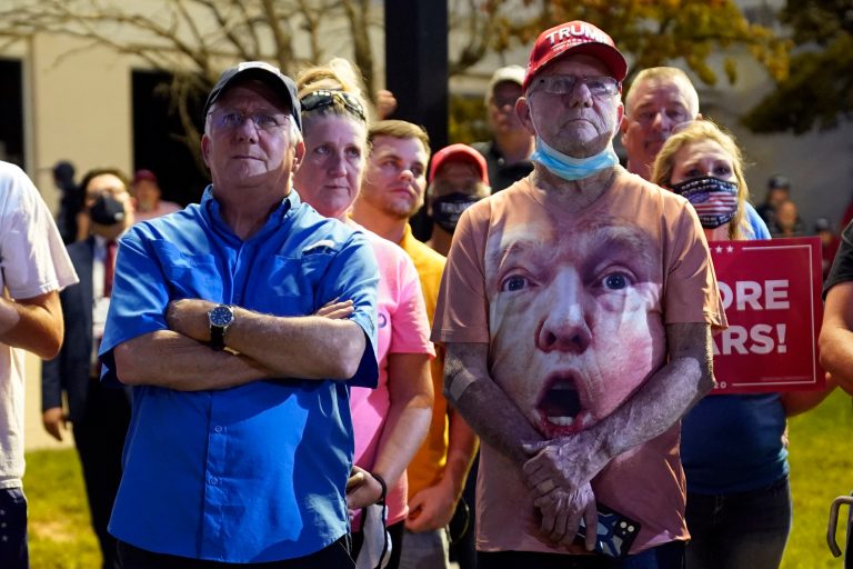 Supporters listen as President Donald Trump speaks during a campaign rally at Smith Reynolds Airport, Tuesday, Sept. 8, 2020, in Winston-Salem, N.C. Not all of his supporters are willing to reveal their preference.