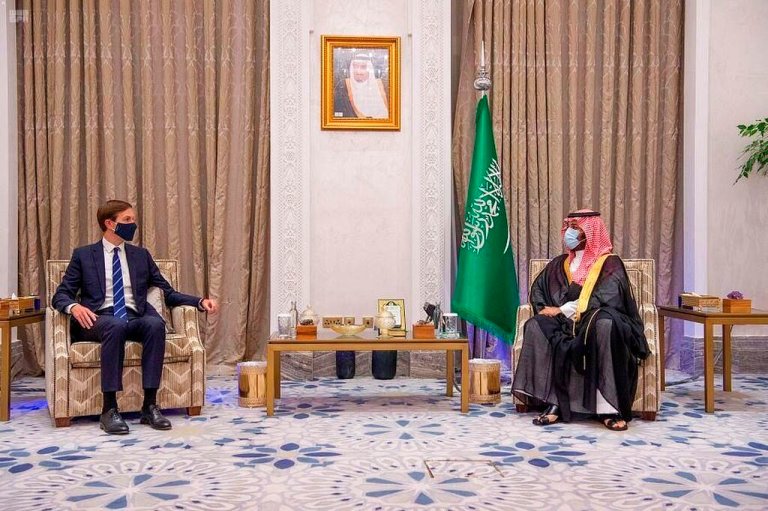 Saudi Crown Prince Mohammed bin Salman, right, meets with Senior Advisor to the U.S. President, Jared Kushner in Riyadh, Saudi Arabia, Tuesday, Sept. 1, 2020. 