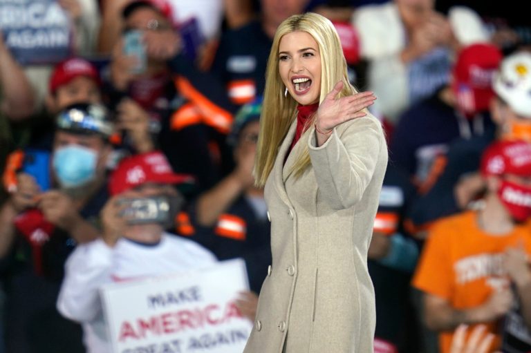 Ivanka Trump waves as President Donald Trump calls her onto stage at a campaign rally Tuesday in Moon Township, Pa.