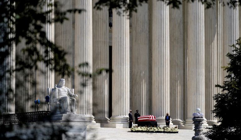 Justice Ruth Bader Ginsburg lies in repose under the Portico at the top of the front steps of the U.S. Supreme Court building on Wednesday, Sept. 23, 2020, in Washington. Ginsburg, 87, died of cancer on Sept. 18.