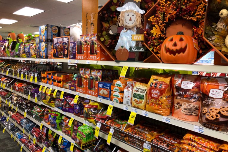 Halloween candy and decorations are displayed at a store, Wednesday, Sept. 23, 2020, in Freeport, Maine. (AP Photo/Robert F. Bukaty)
