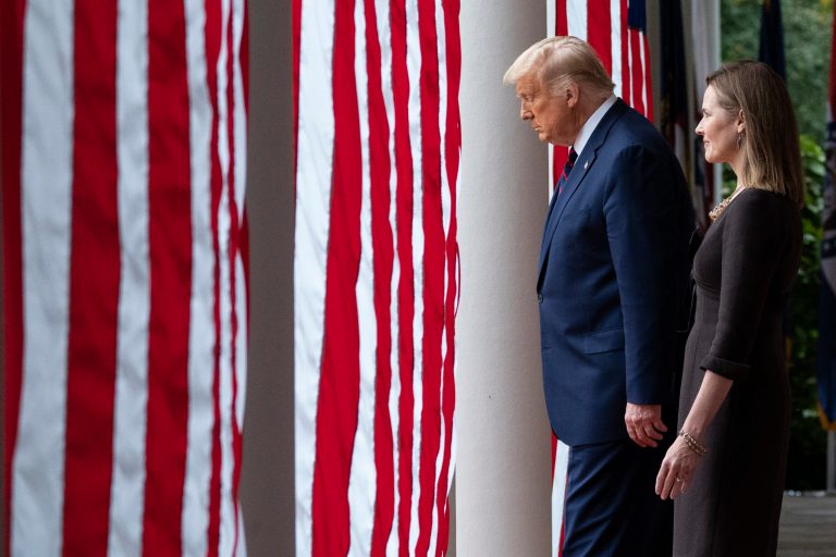 President Donald Trump walks with Judge Amy Coney Barrett to a news conference to announce Barrett as his nominee to the Supreme Court on Saturday. Most tell Rasmussen Reports that they expect her to win confirmation.