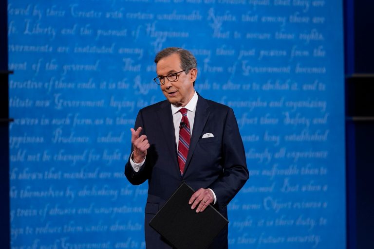 Moderator Chris Wallace of Fox News speaking on stage before the start of the first presidential debate Tuesday, Sept. 29, 2020, at Case Western University and Cleveland Clinic, in Cleveland, Ohio.