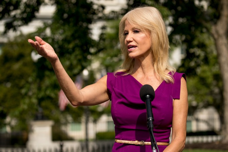 FILE - In this Aug. 6, 2020, file photo, then-Counselor to the President Kellyanne Conway speaks to reporters outside the West Wing of the White House in Washington.