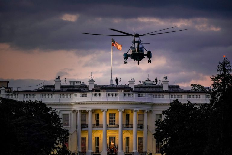 President Donald Trump arrives back at the White House aboard Marine One after being treated for COVID-19 at Walter Reed National Military Medical Center, in Washington, Monday, Oct. 5, 2020.