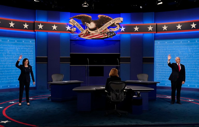 Pence and Harris strike calmer tone than presidential debate but sharply contest the issues