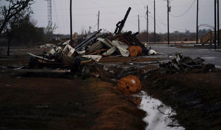 Debris, still not picked up from Hurricane Laura, lies piled up in advance of Hurricane Delta, expected to make landfall Friday, in Cameron, La., Thursday, Oct. 8, 2020. 