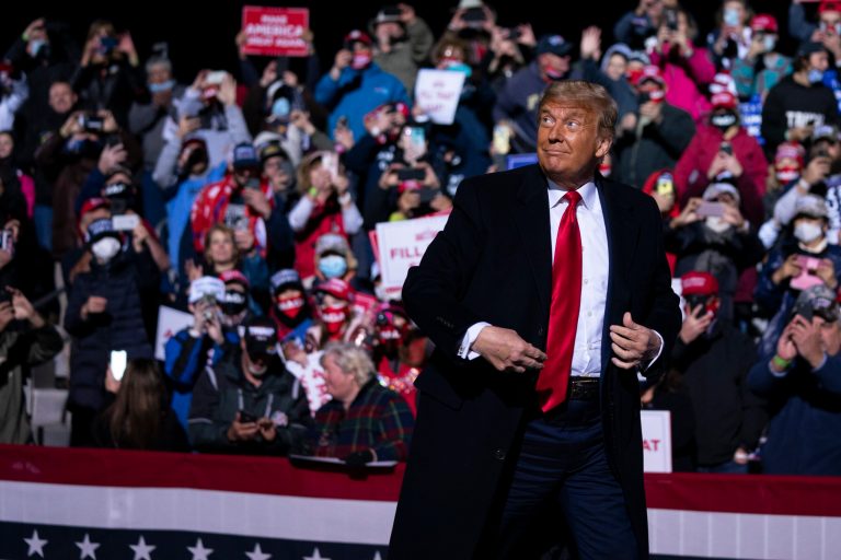President Donald Trump arrives for a campaign rally at John Murtha Johnstown-Cambria County Airport, Tuesday, Oct. 13, 2020, in Johnstown, Pa.