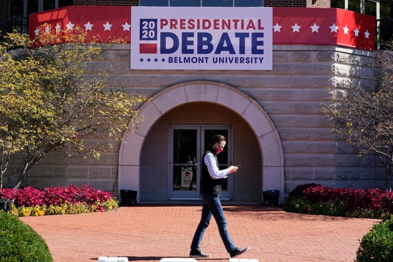 The Curb Event Center at Belmont University is decorated for the presidential debate in Nashville, Tenn. The final debate between President Donald Trump and former Vice President Joe Biden is scheduled to be held at the university Oct. 22.