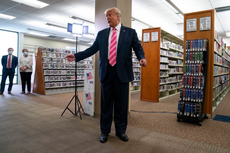 Former President Donald Trump talks with reporters after voting at the Palm Beach County Main Library, Saturday, Oct. 24, 2020, in West Palm Beach, Fla. It appears he's not ready to start work on a presidential library.