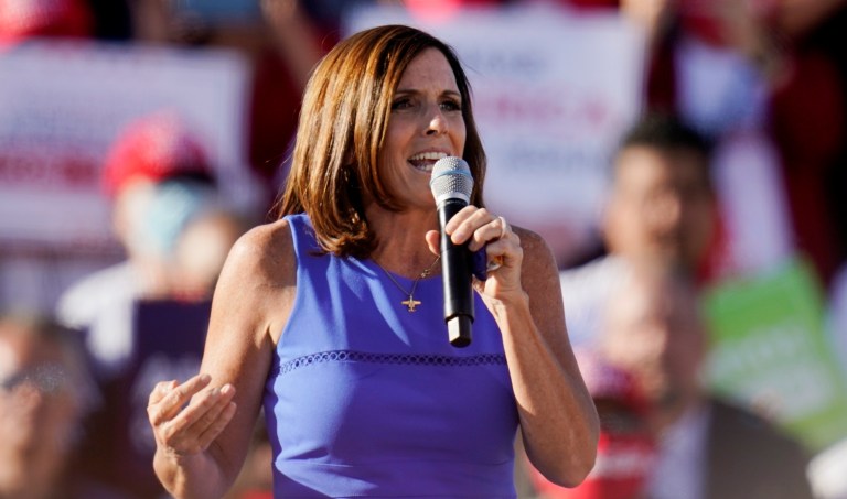 Sen. Martha McSally (R-AZ) speaks onstage at a campaign rally for President Donald Trump at Phoenix Goodyear Airport Wednesday, Oct. 28, 2020, in Goodyear, Arizona.