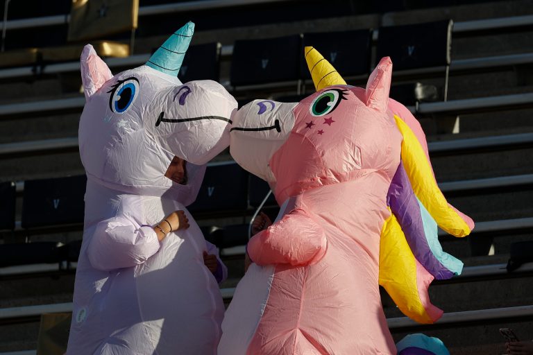 Two students wearing Unicorn costumes are seen during a football game between Vanderbilt and Mississippi on Saturday, Oct. 31, 2020, in Nashville, Tennessee.