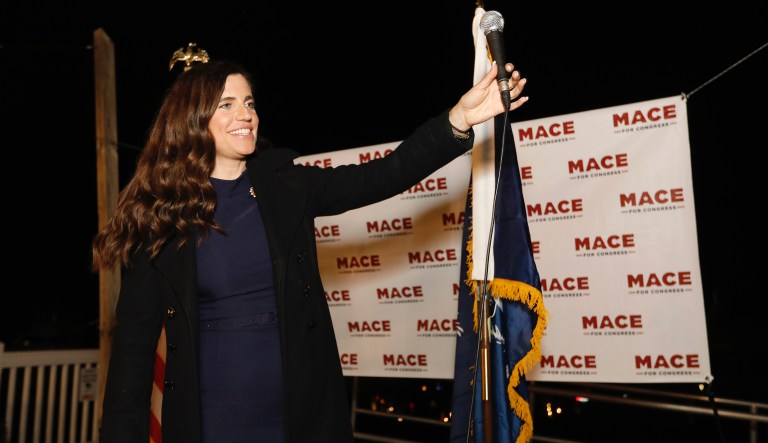 Republican U.S. House candidate Nancy Mace talks to supporters during her Election Night party Tuesday, Nov. 3, 2020, in Mount Pleasant, S.C. Mace is running for South Carolina's 1st Congressional District.