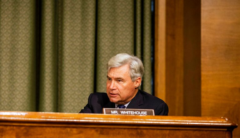 WASHINGTON, DC - NOVEMBER 10, 2020: U.S. Senator Sheldon Whitehouse of New York during the Crossfire Hurricane hearing with former FBI Deputy Director Andrew McCabe who appeared remotely.