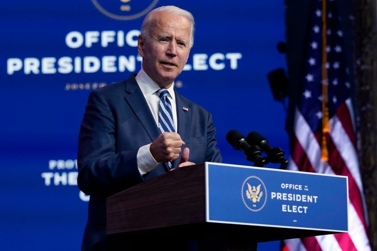 President-elect Joe Biden speaks Tuesday, Nov. 10, 2020, at The Queen theater in Wilmington, Del.