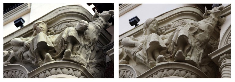 This combo pictures shows a sculpture before (right) and after being restored (left) on the exterior of an ornate office building in the city of Palencia, Spain, Wednesday, Nov. 11, 2020. Restoration work on a sculpture in northern Spain has resurrected memories of a restored Christ fresco in another Spanish city eight years ago that drew ridicule as well as tourists. (AP Photo/Alberto Calleja -left image- & Agencia ICAL -right image-)