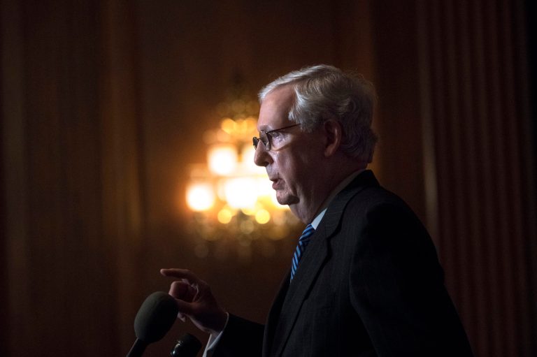 Senate Majority Leader Mitch McConnell speaks during a news conference with other Senate Republicans on Capitol Hill