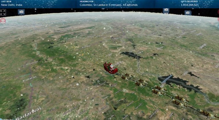 This photo provided by The North American Aerospace Defense Command (NORAD) shows the Santa Tracker on Thursday, Dec. 24, 2020.   (NORAD via AP)