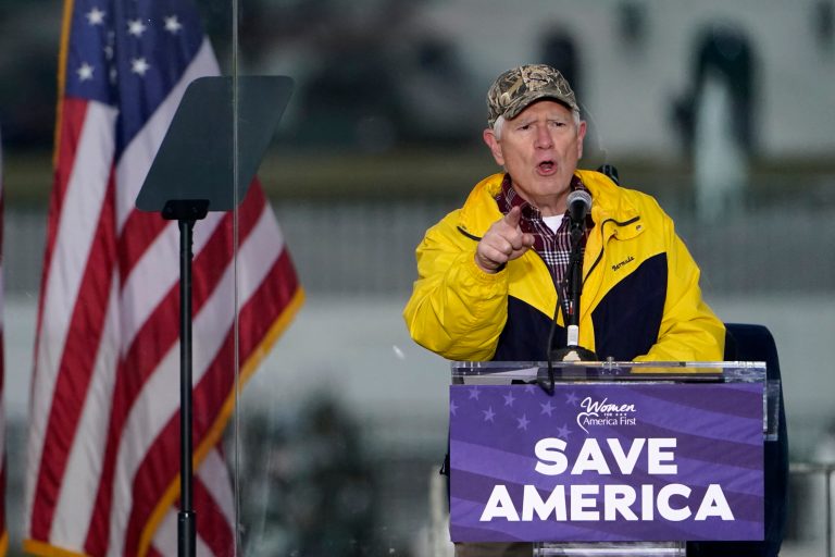 Rep. Mo Brooks, R-Ark., speaks Wednesday, Jan. 6, 2021, in Washington, at a rally in support of President Donald Trump called the "Save America Rally."