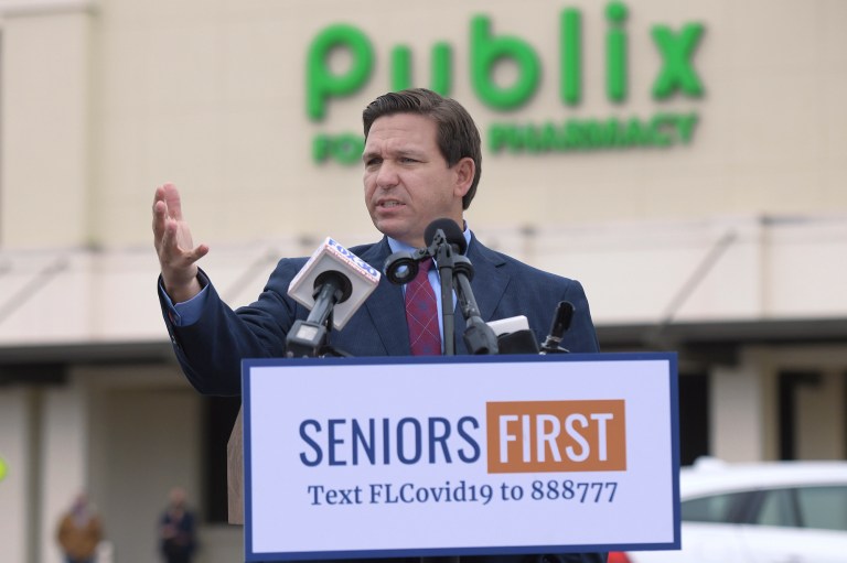 Florida Governor Ron DeSantis speaks at a press conference at a Publix Super Market in Ponte Vedra Beach, Fla, Wednesday, Jan. 13, 2021. DeSantis announced the expansion of the use of Publix pharmacies as COVID-19 vaccination sites to 56 new stores in St. Johns, Flagler, Volusia and Collier counties. 