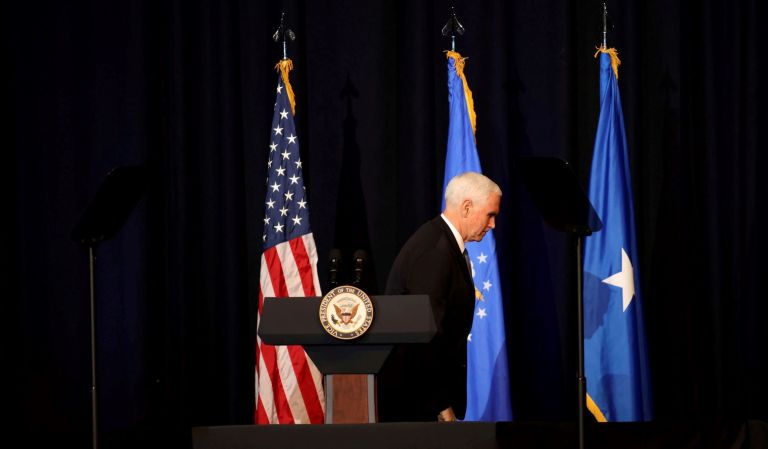Vice President Mike Pence leaves after speaking during a memorial service for the late Air Force Brig. Gen. Chuck Yeager in Charleston, W.Va. Yeager died last month at age 97.