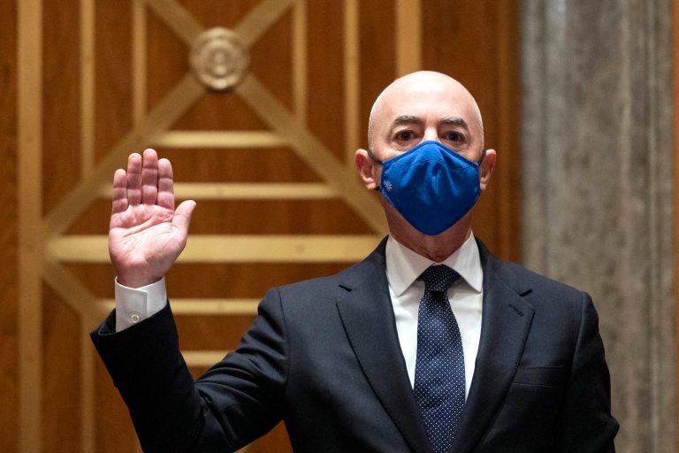 Homeland Security Secretary nominee Alejandro Mayorkas is sworn in to testify during his confirmation hearing in the Senate Homeland Security and Governmental Affairs Committee on Tuesday.