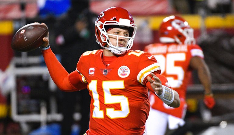 Kansas City Chiefs quarterback Patrick Mahomes during the first half of the NFL AFC championship football game against the Buffalo Bills, Sunday, Jan. 24, 2021, in Kansas City, Mo. 