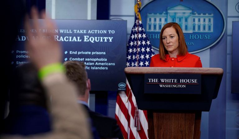 White House press secretary Jen Psaki listens to a reporters question during a press briefing at the White House, Tuesday, Jan. 26, 2021, in Washington.