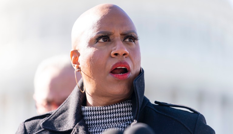 Rep. Ayanna Pressley, D-Mass., speaks at a news conference on Capitol Hill in Washington, Thursday, Feb. 4, 2021, about plans to reintroduce a resolution to call on President Biden to take executive action to cancel up to $50,000 in debt for federal student loan borrowers.