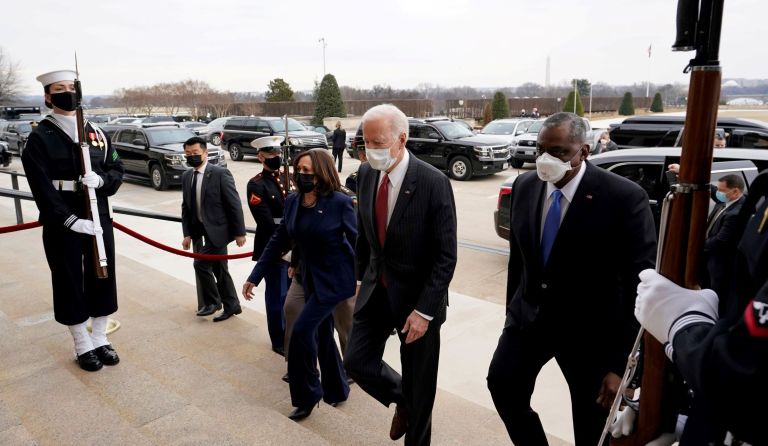 President Joe Biden and Vice President Kamala Harris walk with Joint Chiefs Chairman Gen. Mark Milley and Secretary of Defense Lloyd Austin at the Pentagon, Wednesday, Feb. 10, 2021, in Washington.
